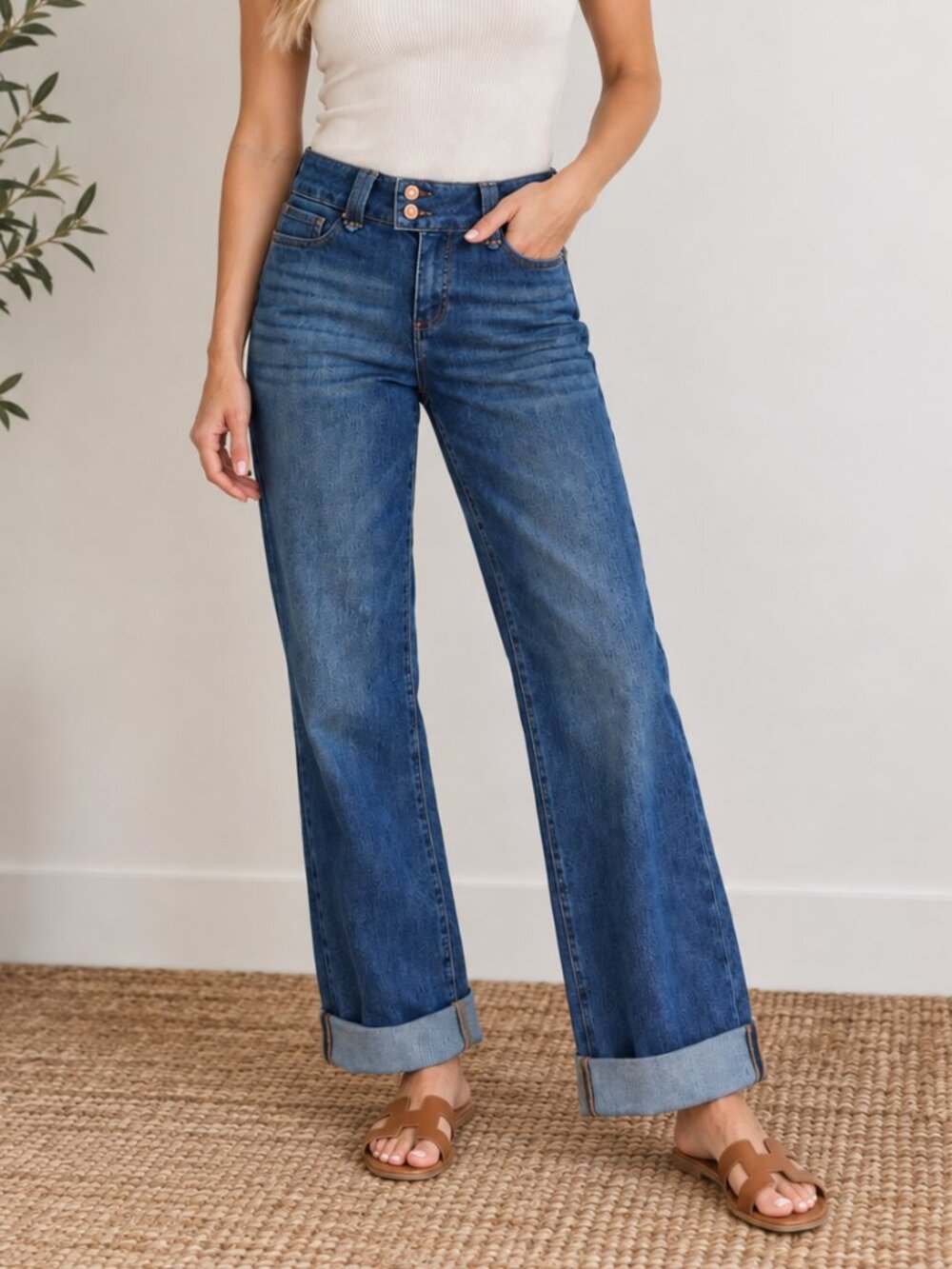 RISEN Dark Denim Blue Low Rise Wide Leg Cuffed Hem Jeans
